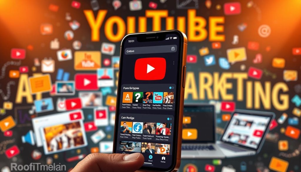 A dynamic and vibrant YouTube marketing campaign, showcased in a visually striking digital landscape. In the foreground, a smartphone screen displays a vast array of YouTube analytics and insights, highlighting key metrics and engagement data. Surrounding it, a collage of colorful YouTube thumbnails, video editing tools, and social media icons create a sense of a thriving, interconnected digital ecosystem. In the middle ground, a laptop and various digital devices suggest the multi-platform nature of effective YouTube marketing strategies. The background is adorned with bold, modern typography alluding to the power of content creation, optimization, and promotion on the platform. Warm, focused lighting accentuates the digital elements, conveying a sense of energy, innovation, and the boundless potential of YouTube as a marketing channel.