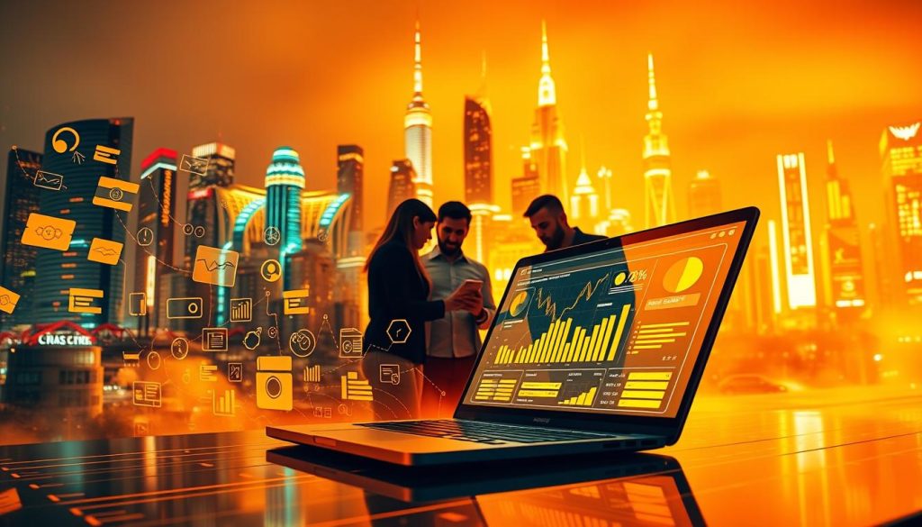 A dynamic and vibrant digital landscape, bathed in warm hues of orange and yellow. In the foreground, a sleek laptop with a glowing screen, surrounded by a collage of icons, graphs, and data visualizations, representing the power of performance-driven content marketing. In the middle ground, a team of digital strategists huddle around the laptop, collaborating and analyzing metrics, their faces illuminated by the glow of the screen. In the background, a towering cityscape of skyscrapers and neon lights, symbolizing the ever-evolving digital world. The scene is captured through a wide-angle lens, with a cinematic depth of field, creating a sense of immersion and a palpable energy of innovation and success.