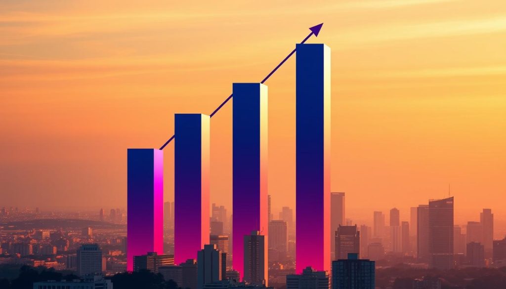 A dynamic bar graph soaring upwards, representing the exponential growth of content marketing revenue. The foreground features vibrant, colorful bars depicting the steady increase in profits, with a sleek, minimalist design. The middle ground showcases a stylized cityscape, symbolizing the thriving business landscape. The background is a soft, gradient-filled sky, bathed in warm, golden hues, creating an atmosphere of prosperity and success. The overall composition is meticulously crafted, with a keen eye for balance, contrast, and visual harmony, conveying the powerful impact of content marketing on a company's bottom line.