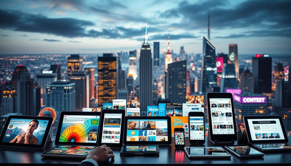 A dynamic cityscape backdrop showcases the evolving landscape of content marketing trends. In the foreground, a diverse array of digital devices, from tablets to smartphones, displays captivating visuals and interactive interfaces, hinting at the user-centric experiences that are reshaping the industry. The middle ground features a collage of vibrant, strategically curated content elements – infographics, videos, social media posts, and more – reflecting the multifaceted nature of modern content marketing. Subtle lighting and a slightly futuristic atmosphere convey the sense of innovation and adaptability inherent in these emerging trends. The overall composition aims to inspire and inform, capturing the essence of the "Content Marketing Trends Reshaping User Experience" section.