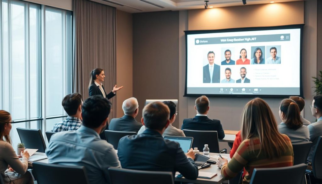 A dynamic conference room scene with a presenter delivering an engaging webinar on a large projection screen. The audience is engaged, taking notes and leaning forward attentively. Soft lighting illuminates the scene, creating a warm and professional atmosphere. The presenter is standing confidently, gesturing to highlight key points. The background showcases sleek, modern furniture and decor, reflecting the online course business theme. A sense of energy and productivity permeates the image, emphasizing the benefits of effective webinar marketing for online courses.