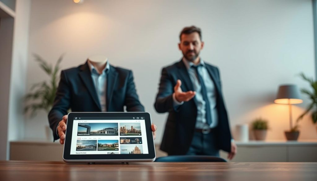 A dynamic real estate content marketing scene with a modern, sleek design. In the foreground, a tablet displaying a real estate website or digital portfolio, illuminated by warm, soft lighting. In the middle ground, a well-dressed professional, possibly a real estate agent or marketing expert, gesturing towards the tablet, conveying a sense of enthusiasm and expertise. The background features a minimalist office setting with clean lines, neutral tones, and subtle accents, creating a harmonious and professional atmosphere. The overall mood is one of efficiency, innovation, and a strong focus on delivering high-quality real estate content to potential clients.
