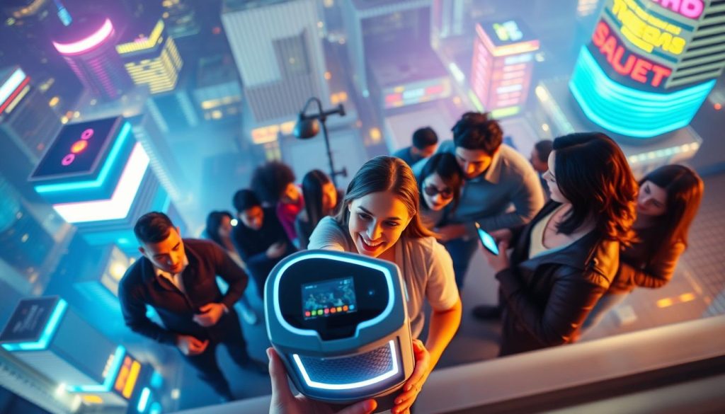 A dynamic video advertisement set against a vibrant city skyline, with a dramatic overhead angle capturing the energy and movement. In the foreground, a captivating product or service stands out, showcased with cinematic lighting and a sleek, modern design. The middle ground features a diverse array of people interacting with the product, their expressions conveying engagement and enthusiasm. The background blurs into a hazy, neon-lit urban landscape, creating a sense of depth and immersion. The overall tone is bold, attention-grabbing, and designed to inspire action, reflecting the powerful impact of video advertising on social media platforms like Facebook.