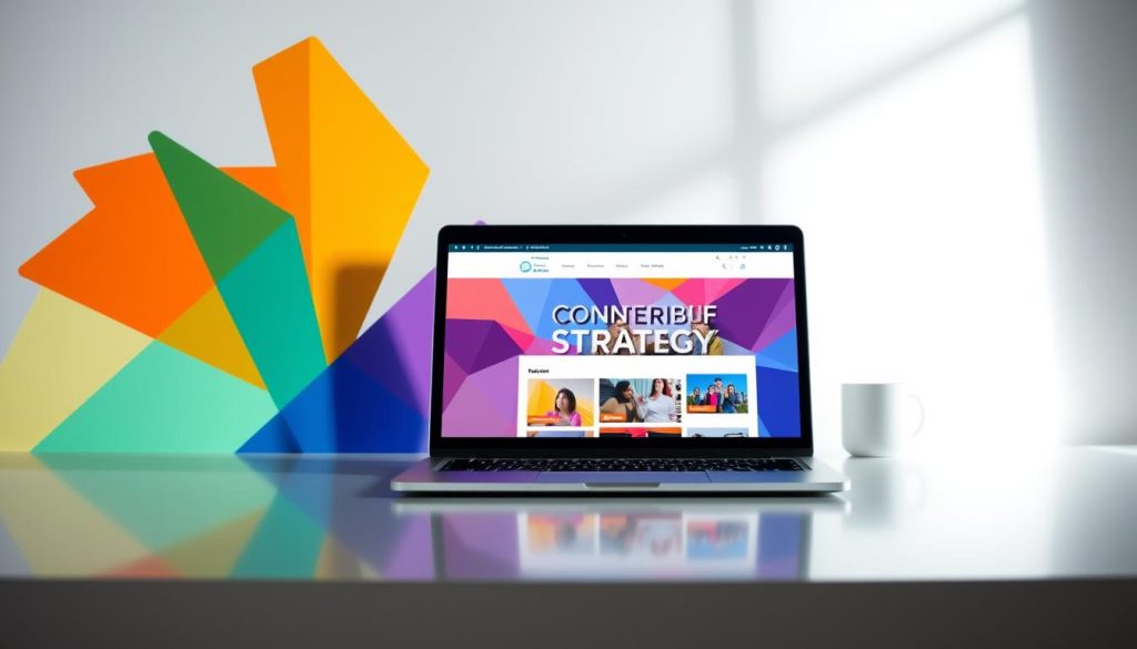 A dynamic, visually captivating content marketing creative set against a modern, minimalist backdrop. In the foreground, an abstract geometric composition in vibrant, complementary hues symbolizes the transformative power of content strategy. The midground features a sleek, glossy laptop displaying an engaging, visually-driven digital campaign, hinting at the versatility of content marketing in the digital landscape. The background is softly illuminated, with subtle hints of light and shadow creating a sense of depth and atmosphere. Crisp, high-contrast lighting accentuates the clean, sophisticated design elements, conveying the professionalism and impact of effective content marketing creative.