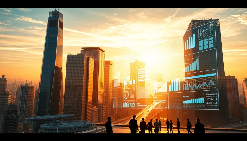 A futuristic cityscape bathed in a warm, golden glow, with skyscrapers of gleaming glass and steel reaching towards an expansive azure sky. In the foreground, holographic displays flicker with data visualizations, charts, and infographics, showcasing the latest content marketing trends and strategies. Amidst the technological landscape, figures move purposefully, collaborating on innovative digital campaigns. The scene exudes a sense of progress, dynamism, and the rapid evolution of the content marketing industry in the year 2025.