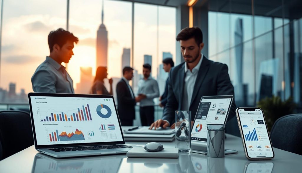 A futuristic office space with a sleek, minimalist aesthetic showcases various content automation tools in the foreground. A laptop, a tablet, and a mobile phone display dynamic graphs, charts, and AI-generated content. In the middle ground, a team of professionals collaborates seamlessly, their faces obscured to maintain focus on the technology. The background features a towering cityscape, its skyscrapers bathed in the warm glow of a sunset, symbolizing the scale and potential of automated content solutions. The lighting is soft and diffused, creating a sense of harmony and efficiency. The camera angle is slightly elevated, offering a bird's-eye view of the scene, emphasizing the integrated, high-tech nature of the content automation process.
