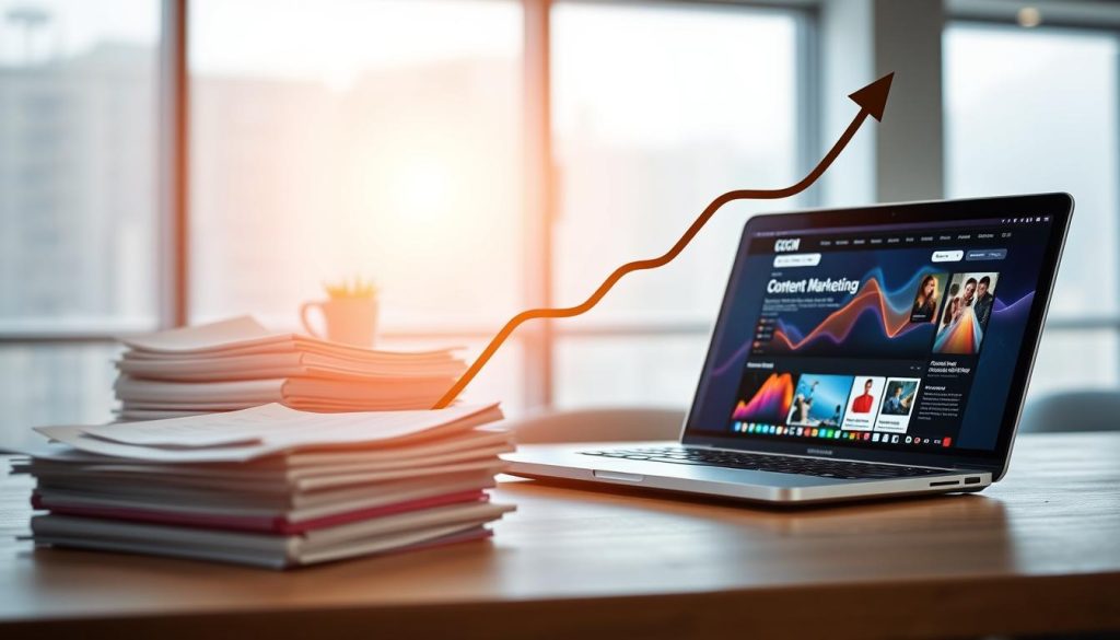 A gleaming graph displays the soaring revenue trajectory of a successful content marketing strategy, illuminated by a soft warm light that casts a sense of optimism and growth. In the foreground, a stack of neatly organized reports and analytics documents, symbolizing the data-driven approach. The mid-ground features a laptop displaying a vibrant, responsive website, representing the engaging digital content that drives the revenue impact. The background depicts a modern, minimalist office space, with large windows allowing natural light to filter in, creating an atmosphere of professionalism and innovation. The overall scene conveys the tangible financial rewards that content marketing can deliver for a thriving business.