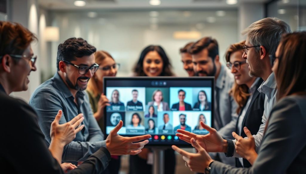 A group of people gathered around a large screen, engaged in a lively webinar discussion. The foreground features a diverse panel of speakers, gesticulating animatedly as they share their insights. Soft lighting illuminates their expressions, creating a warm, professional atmosphere. In the middle ground, the audience leans forward, hanging on every word, their faces reflecting a mix of rapt attention and thoughtful contemplation. The background is blurred, suggesting a modern, tech-savvy setting, perhaps an office or conference room, with clean lines and sleek furnishings. The overall scene conveys a sense of collaborative learning, where knowledge is being actively shared and exchanged.