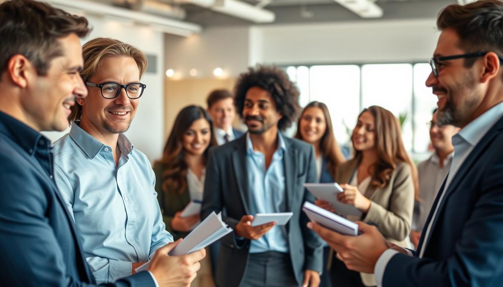 A group of well-dressed individuals, representing prospective financial advisor clients, gathered in a modern, airy office space. The foreground features three people engaged in a lively discussion, their expressions attentive and interested. The middle ground showcases a mix of men and women, some taking notes, others gesturing animatedly, all exuding a sense of confidence and financial savvy. The background is softly blurred, highlighting the focus on the prospects, with subtle hints of tasteful decor and natural lighting creating a professional, yet inviting atmosphere. The overall scene conveys an image of qualified, engaged individuals, poised to forge meaningful connections with a financial advisor.