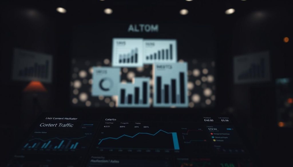 A high-contrast, cinematic visual representation of key content marketing key performance indicators (KPIs). In the foreground, a dashboard display shows various metrics like website traffic, leads generated, and conversion rates, all visualized through sleek, minimalist infographic elements. In the middle ground, a group of analytics charts and graphs float against a blurred, bokeh-filled backdrop, hinting at the wealth of data behind the KPIs. The background is a moody, shadowy scene with dramatic lighting and depth-of-field, conveying the significance and gravity of effective content marketing measurement. The overall tone is one of precision, insight, and impactful data-driven marketing.