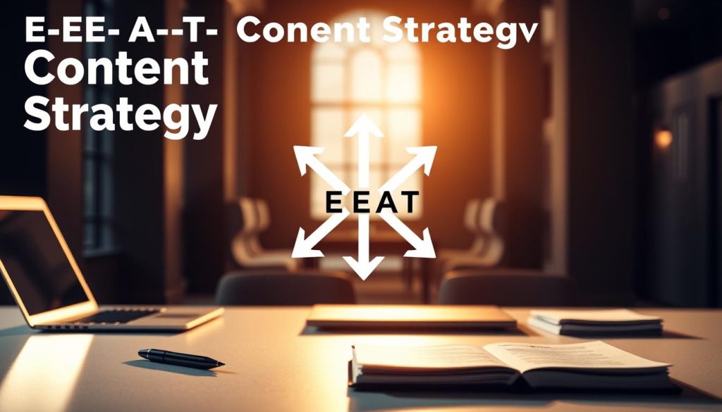 A high-contrast, conceptual image of "E-E-A-T Content Strategy" for a law firm's content marketing. In the foreground, a clean, modern desk with minimal office supplies - a laptop, a pen, and a stack of papers. A warm, directional light illuminates the scene, casting dramatic shadows. The middle ground features three intersecting arrows, each representing a key aspect of E-E-A-T: Expertise, Experience, Authority, and Trustworthiness. The background is a blurred, architectural interior, hinting at the legal profession. The overall mood is one of professionalism, focus, and strategic content development.