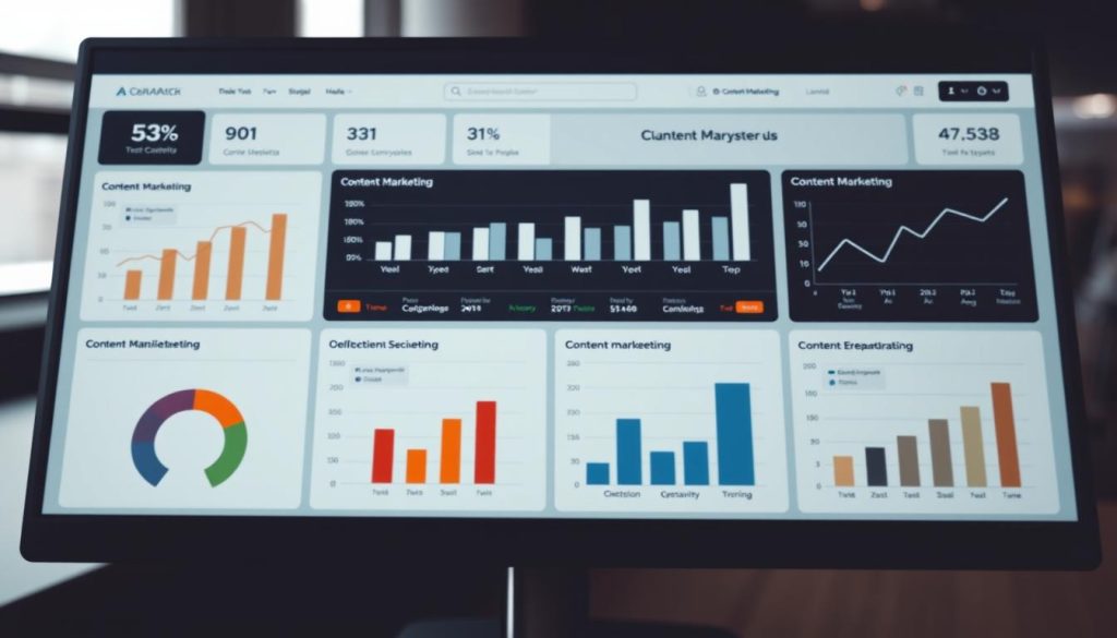 A high-contrast financial dashboard displaying a detailed ROI comparison of various content marketing strategies. The foreground features sleek charts, graphs, and data visualizations with clear labeling, presented on a minimalist user interface. The middle ground showcases elegant typography, clean iconography, and carefully curated color palettes. The background sets an atmosphere of professionalism and sophistication with muted tones, subtle textures, and a slight depth of field. The overall composition conveys a sense of data-driven insights and strategic decision-making, suitable for an article on the cost-effectiveness of content marketing.