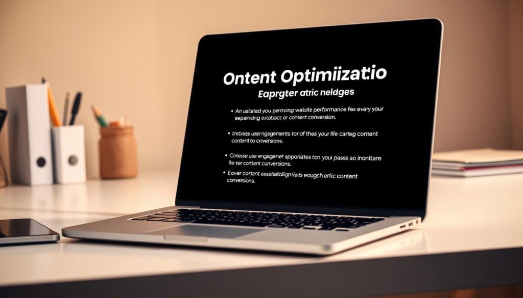 A high-contrast, sharply focused photograph of a laptop screen displaying a blog post about content optimization strategies. The laptop is placed on a clean, minimalistic desk with a few office supplies in the background. Soft, warm lighting illuminates the scene, creating a professional and productive atmosphere. The blog post's content is clearly visible, highlighting key information about improving website performance, increasing user engagement, and maximizing content conversions. The overall composition emphasizes the importance of optimizing blog content for maximum impact and business growth.