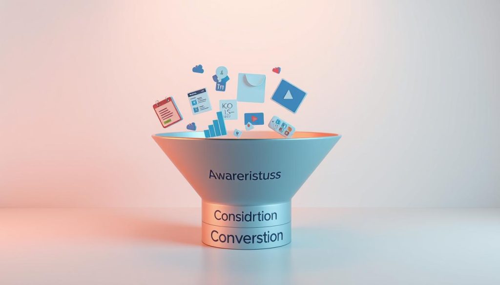 A high-definition, 3D rendered image of a content marketing funnel, depicting the three distinct stages with clear visual metaphors. In the foreground, a wide funnel shape with three labeled sections - Awareness, Consideration, and Conversion. The funnel is made of a smooth, metallic material, with a soft, warm lighting illuminating it from above. In the middle ground, various content assets such as blog posts, social media posts, and videos flow through the funnel, representing the different types of content that move potential customers through the stages. In the background, a clean, minimalist environment with a soft, gradient-based color palette, creating a professional, polished atmosphere.