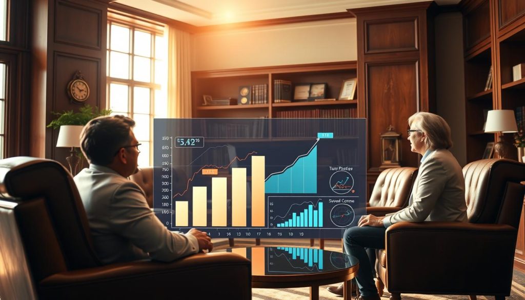 A high-end office interior with a professional financial advisor consulting with a client. The scene is bathed in warm, natural lighting that streams through large windows, casting a soft glow on the elegant wood-paneled walls and plush leather furniture. In the foreground, the advisor and client are engaged in an animated discussion, their body language conveying trust and cooperation. In the middle ground, a stylized visualization of investment growth charts and financial data is projected on a sleek display, showcasing the advisor's expertise. The background features a bookshelf filled with financial journals and awards, establishing the advisor's credibility. The overall atmosphere exudes a sense of prosperity, expertise, and a client-focused approach to wealth management.