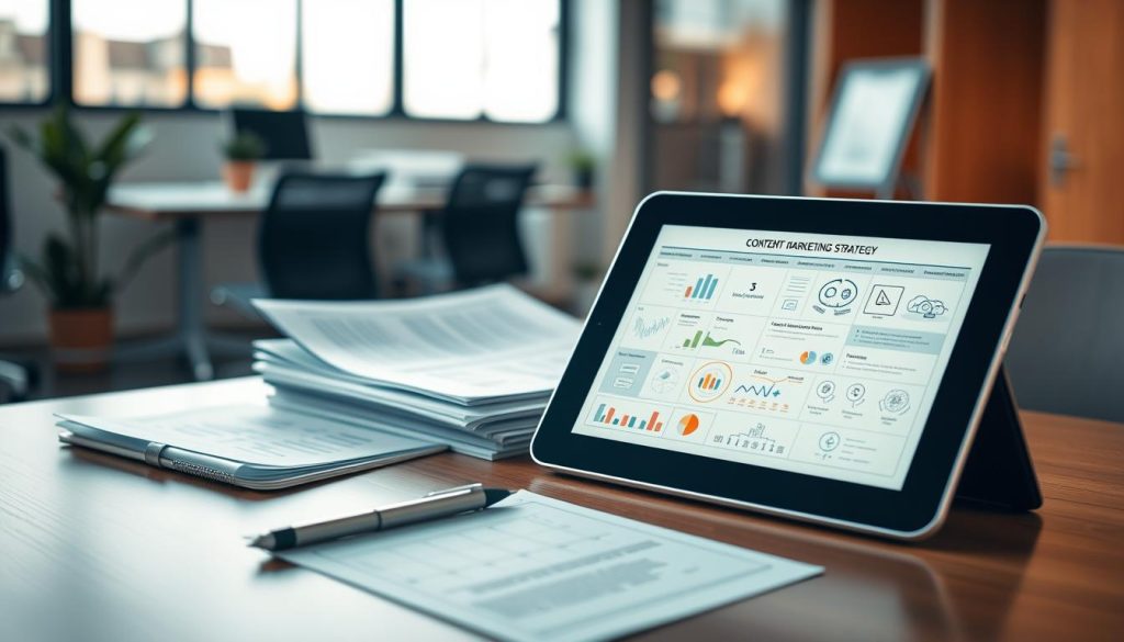 A high-quality, detailed content marketing strategy blueprint displayed on an office desk, illuminated by warm, natural lighting. In the foreground, a modern, minimal digital tablet shows a comprehensive digital content plan, with icons and infographics. In the middle ground, a stack of printed documents, research notes, and a pen create an organized, yet dynamic workspace. The background features a blurred, yet visually appealing office interior, with clean lines and neutral tones, evoking a professional, thoughtful atmosphere.