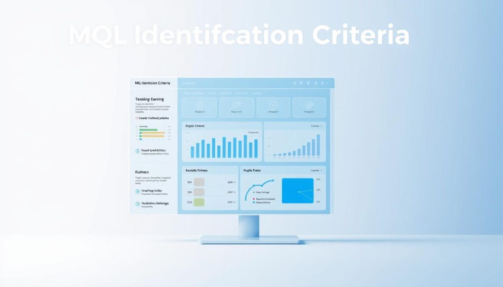 A high-quality, detailed illustration of "MQL Identification Criteria" set against a clean, professional backdrop. The foreground features a sleek, minimalist dashboard displaying key metrics and data points used to assess marketing qualified leads, with clear, well-organized visual elements. The middle ground showcases a series of analytical graphs and charts, providing deeper insights into lead scoring and qualification. The background subtly blends shades of blue and gray, creating a calm, corporate atmosphere. The overall composition conveys a sense of clarity, efficiency, and data-driven decision making, reflecting the article's focus on defining and identifying marketing qualified leads.