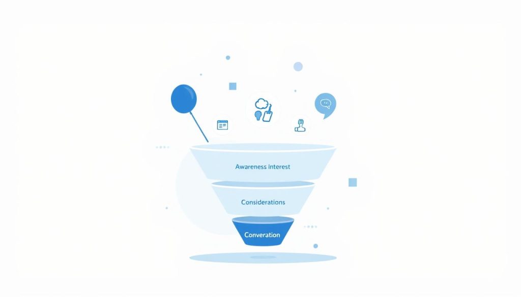 A high-quality, detailed illustration of a content marketing funnel example, showcasing the various stages of the customer journey in a visually compelling manner. The image should feature a clean, minimalist design with a dominant color palette of blues, grays, and whites to convey a sense of professionalism and sophistication. The foreground should depict the funnel structure with distinct sections for Awareness, Interest, Consideration, Conversion, and Retention, each represented by relevant icons or symbols. The middle ground should include simple, abstract shapes and forms to add depth and visual interest, while the background should feature a subtle, textured pattern or gradient to provide a polished, premium aesthetic. The overall mood should be one of clarity, efficiency, and strategic thinking, reflecting the subject matter of a successful content marketing funnel.