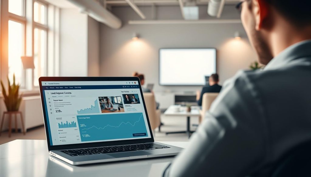 A high-quality, detailed image of effective webinar conversion tactics, showcasing various elements in a clean, modern layout. The foreground depicts a laptop screen displaying a webinar dashboard with analytics, lead capture forms, and call-to-action buttons. In the middle ground, there are people attending the webinar on their devices, with a crisp, well-lit presentation on the screen. The background features a minimalistic office setting with sleek, neutral-toned furniture and decor, creating a professional, productivity-focused atmosphere. The lighting is soft and directional, highlighting the key elements and creating depth and dimension. The overall mood is one of efficiency, optimization, and success in webinar-driven lead generation and sales.