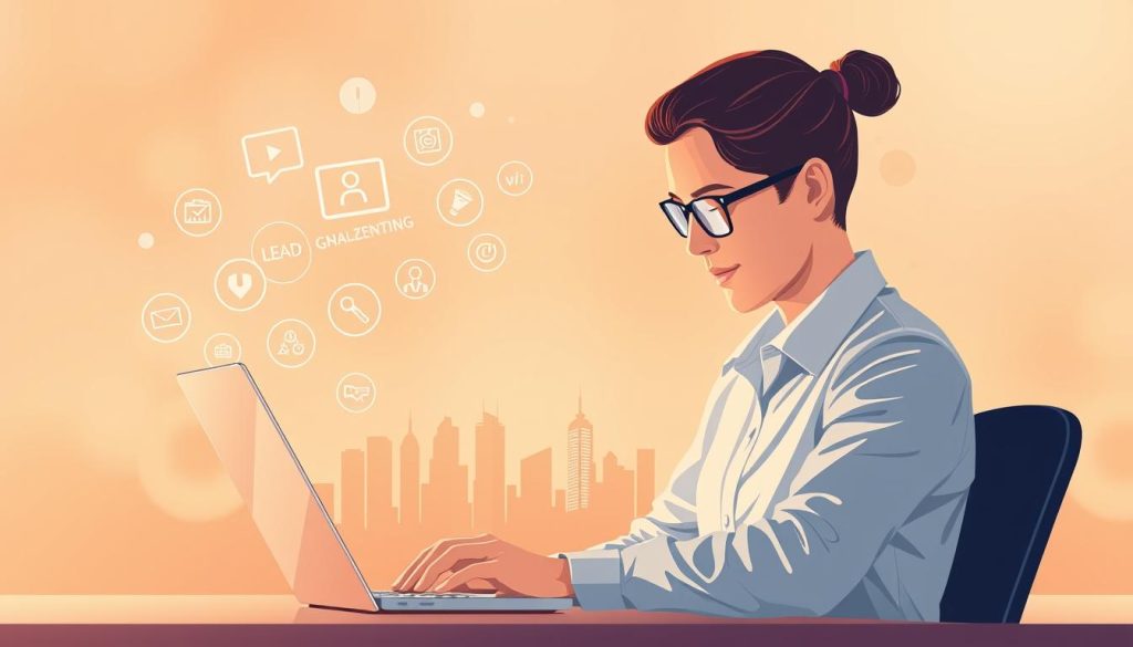 A high-quality digital illustration of "content marketing lead generation" depicting a business person using a laptop to generate leads through content marketing. The foreground shows a focused professional surrounded by icons and symbols representing content creation, digital marketing, and lead nurturing. The middle ground features a city skyline silhouette representing the online digital environment. The background is a soft, blurred gradient evoking a sense of innovation, technology, and growth. Warm, gentle lighting illuminates the scene, creating a professional, aspirational mood. The overall composition conveys the strategic power of content marketing for lead generation.