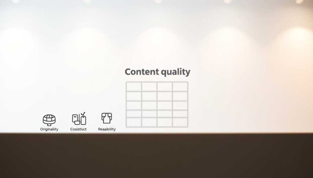 A high-quality, well-lit studio photograph showcasing various "content quality factors" on a clean, minimalist background. In the foreground, a group of elegant icons representing key elements such as originality, clarity, relevance, and consistency. In the middle ground, a simple grid layout highlighting metrics like word count, readability, and engagement rate. In the background, a soft, bokeh-filled setting with subtle, warm lighting to create a professional, informative atmosphere.