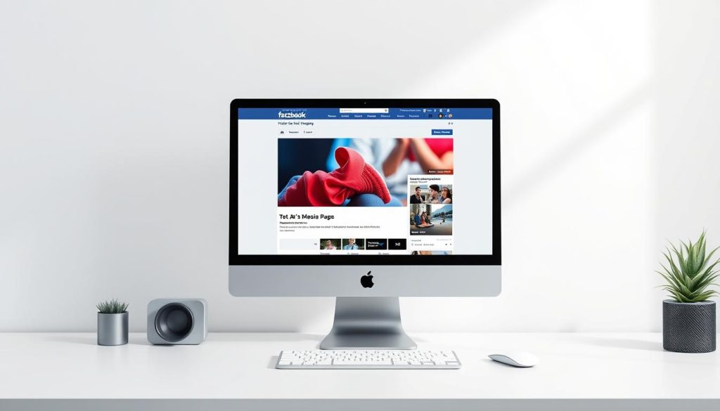 A high-resolution digital photograph of a visually striking Facebook ad mockup displayed on a clean, modern desktop computer screen set against a minimalist white background. The ad image should feature a vibrant, emotion-evoking product shot or lifestyle image that immediately captures the viewer's attention. The composition should be balanced and aesthetically pleasing, with the key visual elements occupying the optimal size and placement for a successful Facebook ad. The lighting should be soft and flattering, accentuating the product details and creating a sense of depth and dimension. The overall mood should be professional, elegant, and designed to drive maximum engagement on the Facebook platform.