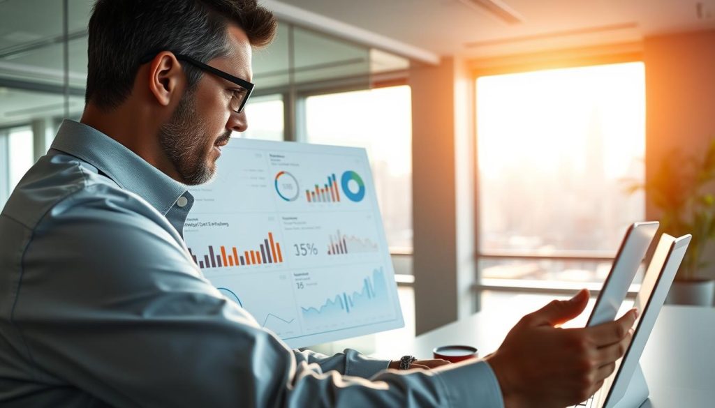 A hyper-focused professional examines a sleek, minimalist dashboard displaying various analytics and metrics. The foreground shows an executive reviewing detailed performance charts and graphs, highlighting key data points. The middle ground depicts a serene, well-lit office space with clean lines and subtle pops of color, creating a calm and productive atmosphere. The background reveals a cityscape through large windows, hinting at the broader impact of content optimization. Warm, natural lighting bathes the scene, conveying a sense of clarity and efficiency.