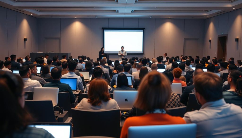 A lecture hall filled with a diverse audience, engaged in a webinar session. In the foreground, rows of attentive attendees, their faces illuminated by the soft glow of laptop screens. The middle ground features a speaker's podium, with a minimalist presentation design projected on a large screen behind it. The background reveals a modern, well-lit conference room, its neutral walls and sleek furniture creating a professional, yet inviting atmosphere. The lighting is balanced, creating depth and emphasizing the audience's focused expressions. The overall scene conveys a sense of productive collaboration and learning.