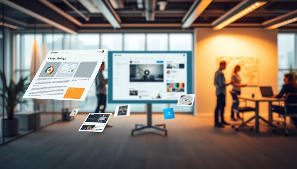A macro view of a content marketing strategy, showcased against a backdrop of a sleek, modern office space. In the foreground, various content assets such as a blog post, social media graphics, and a video thumbnail float in a cohesive visual display. The middle ground features a central dashboard or analytics interface, providing insights and data on the strategy's performance. In the background, a team of marketers collaborates, brainstorming new ideas and refining the content plan. Warm, directional lighting illuminates the scene, creating a sense of focus and productivity. The overall mood is one of strategic vision, data-driven decision-making, and a well-executed content ecosystem.