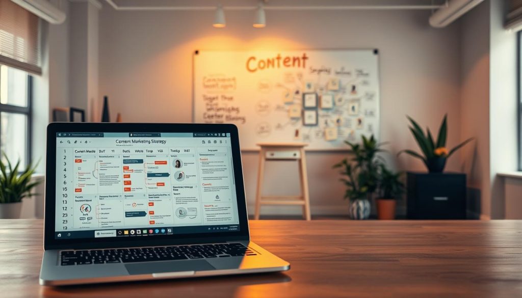 A meticulously crafted content marketing strategy unfolds before the viewer, illuminated by warm, golden lighting. In the foreground, a laptop displays a detailed content calendar, with icons and charts mapping out a comprehensive plan. In the middle ground, a whiteboard showcases a mind map, outlining key target personas, content themes, and distribution channels. The background features a sleek, minimalist office space, with natural elements like potted plants and wooden accents, conveying a sense of focus and productivity. The overall atmosphere exudes a mood of strategic planning, attention to detail, and a commitment to data-driven decision-making.