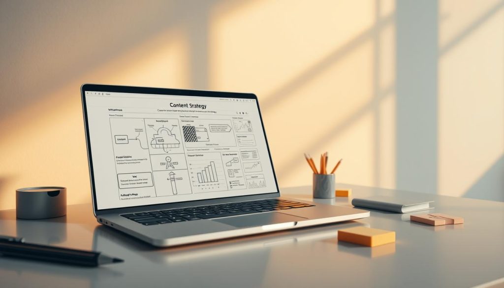 A meticulously crafted visual representation of "BOFU Content Strategies", captured through the lens of a high-resolution camera. The scene depicts a sleek, minimalist workspace, bathed in warm, directional lighting that casts soft shadows, creating a sense of depth and atmosphere. In the foreground, a glossy, silver laptop displays a detailed wireframe of a conversion-focused content strategy, its intricate design elements conveying the precision and intentionality of the BOFU approach. Surrounding the laptop, an array of carefully curated office supplies, including a well-sharpened pencil, a ruler, and a handful of sticky notes, suggest the thoughtful, iterative nature of the content creation process. In the background, a modern, monochromatic wall serves as a clean, uncluttered canvas, allowing the central elements to take center stage and command attention.