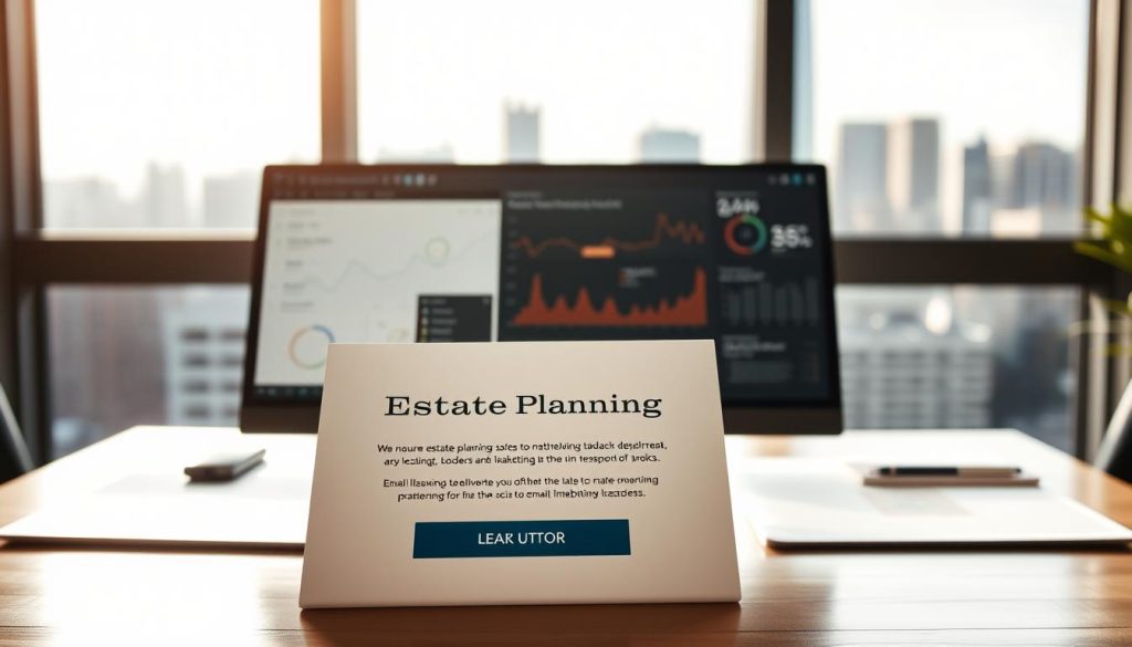 A meticulously designed email marketing campaign to nurture estate planning leads. In the foreground, a stylized email interface with elegant typography and a call-to-action button. In the middle ground, a desktop with analytics dashboards and email performance metrics. In the background, a soft, blurred cityscape with skyscrapers, hinting at the professional, corporate setting. The scene is bathed in warm, natural lighting, conveying a sense of approachability and trust. The overall mood is one of efficiency, sophistication, and a commitment to delivering valuable content to prospective clients.