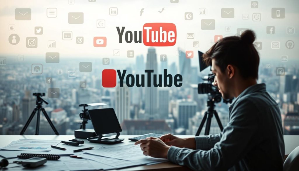 A meticulously planned content strategy lays the foundation for a successful YouTube marketing campaign. In the foreground, a person meticulously crafting a content calendar, surrounded by a collage of social media icons, analytics graphs, and video production equipment. In the middle ground, a large YouTube logo commands attention, symbolizing the platform's importance. The background features a cityscape, evoking the global reach and impact of effective YouTube marketing. Soft, diffused lighting creates a contemplative atmosphere, emphasizing the strategic thought process involved in content planning. The overall scene conveys the comprehensive nature of a well-executed content strategy for growing a business on YouTube.