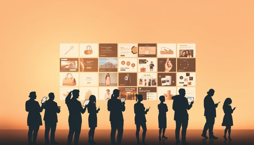 A minimalist and elegant visual representation of a content personalization strategy. In the foreground, a group of diverse human silhouettes representing different user personas, each interacting with personalized content displayed on sleek digital devices. The middle ground showcases a series of curated content elements, such as images, videos, and interactive graphics, arranged in a visually striking grid layout. The background features a subtle, soft-focus gradient, evoking a sense of personalization and customization. Warm lighting casts a gentle glow, creating a welcoming and inviting atmosphere. The overall composition conveys the power of tailored content experiences to engage and captivate diverse audiences.