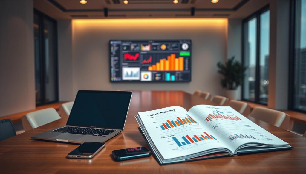 A minimalist corporate office setting, bathed in warm, muted lighting. In the foreground, a wooden desk with a laptop, smartphone, and an open notebook displaying metrics and analytics, representing content marketing performance measurement. The middle ground features a large wall-mounted display showing colorful data visualizations, charts, and graphs. The background is a clean, modern interior with neutral-toned walls, and floor-to-ceiling windows providing a glimpse of a bustling city skyline. The overall atmosphere conveys a sense of productivity, efficiency, and data-driven decision-making.