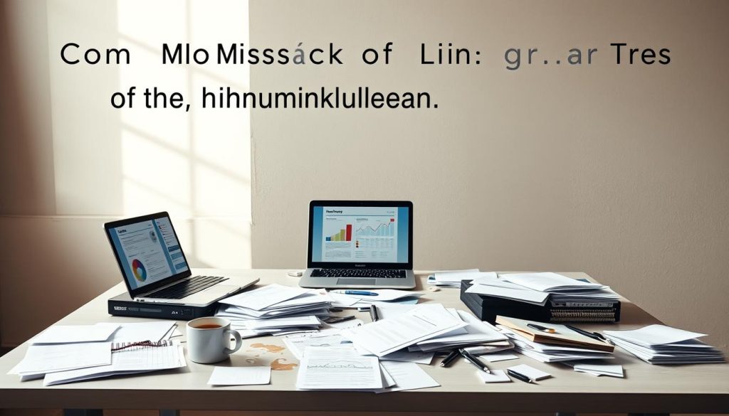 A minimalist office setting with a cluttered desk, representing the common mistakes in handling marketing qualified leads. The desk is adorned with scattered papers, a spilled cup of coffee, and a laptop showing a half-finished report. The background is a muted, neutral-toned wall, creating a sense of distraction and disorganization. Soft, natural lighting filters through a nearby window, casting gentle shadows and highlighting the chaos on the desk. The overall mood is one of missed opportunities and a lack of focus, conveying the importance of proper MQL management.