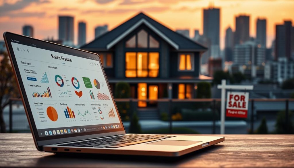 A modern and vibrant real estate content marketing scene. In the foreground, a laptop displays a digital presentation with infographics, charts, and engaging visuals. In the middle ground, a stylish home exterior with a "For Sale" sign stands prominently. The background features a bustling city skyline, conveying the dynamic real estate market. Warm, natural lighting illuminates the scene, creating a professional and inviting atmosphere. The overall composition emphasizes the intersection of digital content creation and real-world real estate, reflecting the power of content marketing in the industry.