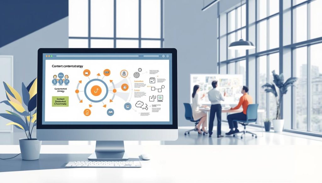 A modern and visually striking content marketing strategy illustration. In the foreground, a desktop computer displays a stylized graphic representing key elements of a strategic content plan, such as target audience, content types, distribution channels, and performance metrics. The middle ground features a brainstorming session, with a team of professionals collaborating on a large whiteboard filled with ideas, notes, and sketches. The background depicts a sleek, minimalist office space with large windows, ample natural lighting, and modern furniture, conveying a sense of professionalism and innovation. The overall mood is one of focus, creativity, and strategic thinking, capturing the essence of developing a winning content marketing strategy.