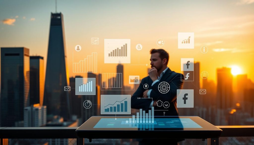 A modern city skyline with skyscrapers in the background, illuminated by warm, golden-hour lighting. In the foreground, a digital device displaying various content marketing analytics and strategy elements, such as graphs, charts, and social media icons. The middle ground features a businessperson, dressed in professional attire, thoughtfully considering the data on the screen. The overall scene conveys a sense of strategic planning, innovation, and the fusion of digital technologies with content marketing in the current business landscape.