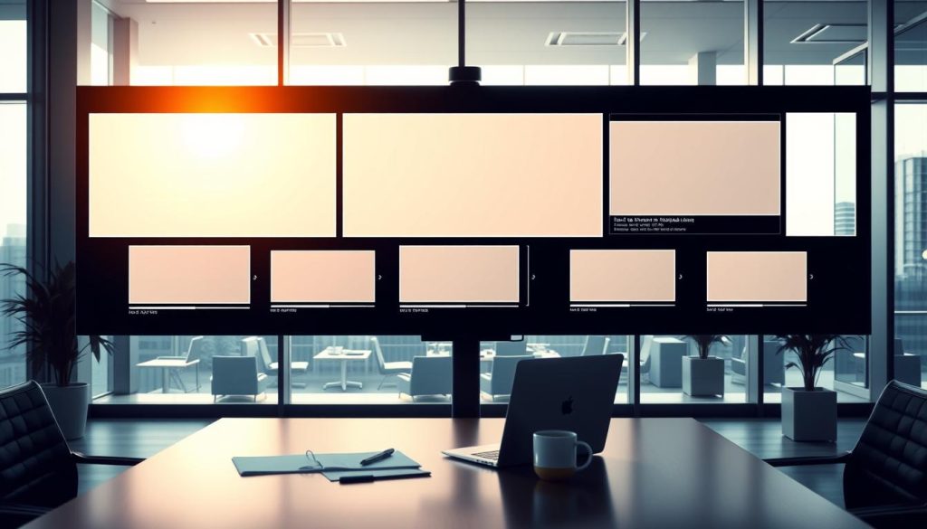 A modern corporate office setting, with a sleek and minimalist design. A large, high-resolution display dominates the foreground, showcasing various video aspect ratios and dimensions commonly used for Facebook ads. The display is backlit, creating a warm, inviting glow. In the middle ground, a workspace with a laptop, notes, and a cup of coffee, suggesting the process of planning and creating video content. The background features floor-to-ceiling windows, allowing natural light to filter in and create a sense of openness and professionalism. The overall mood is one of productivity, expertise, and a focus on delivering high-quality, visually compelling Facebook ad content.