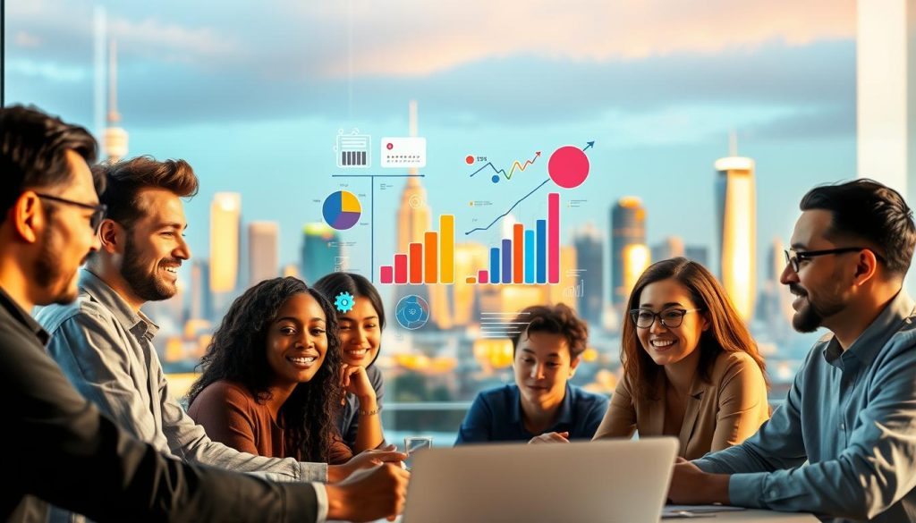 A modern, dynamic content marketing strategy unfolds before a vibrant backdrop. In the foreground, a team of diverse creatives brainstorm, their expressions focused and engaged. Colorful charts, graphs, and digital assets hover mid-frame, representing the data-driven analysis informing their decisions. In the background, a city skyline glimmers with the promise of digital success, bathed in warm, golden light. The atmosphere is one of collaborative innovation, setting the stage for content that resonates and drives business growth in 2024.