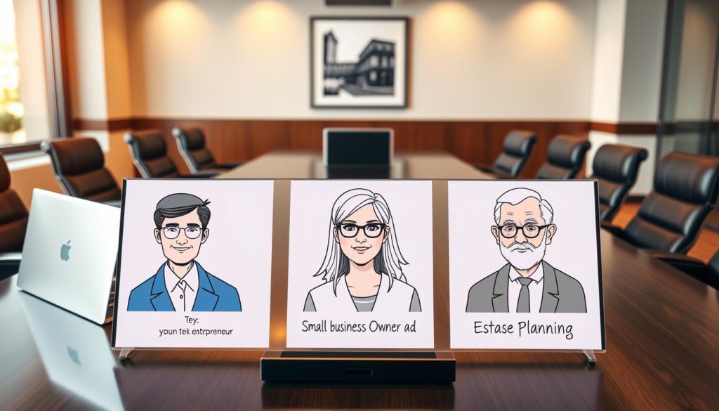 A modern law firm's conference room with a large table, leather chairs, and a sleek laptop setup. In the foreground, three distinct client personas are represented by detailed illustrations - a young tech entrepreneur, a middle-aged small business owner, and a retiree seeking estate planning. The personas are displayed on a digital display board, showcasing their unique needs, concerns, and preferences. The lighting is warm and professional, creating a sense of sophisticated decision-making. The angle is slightly elevated, capturing the full scene in a dynamic composition.