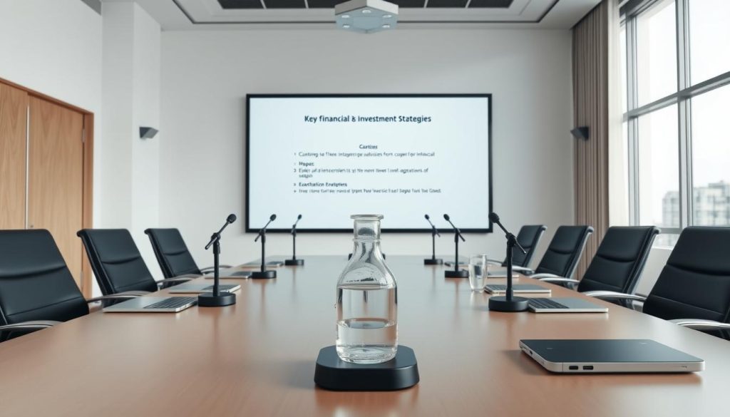 A modern, minimalist conference room with clean lines and natural light streaming through large windows. On the front table, a professional digital presentation display showcases key financial insights and investment strategies. Carefully arranged microphones, laptops, and a water carafe create an inviting atmosphere for an intimate financial seminar. The room has a sense of authority and expertise, conveying the credibility of the event. Sophisticated lighting fixtures and sleek furniture evoke an upscale corporate ambiance, perfectly suited for a high-level financial advisor webinar.
