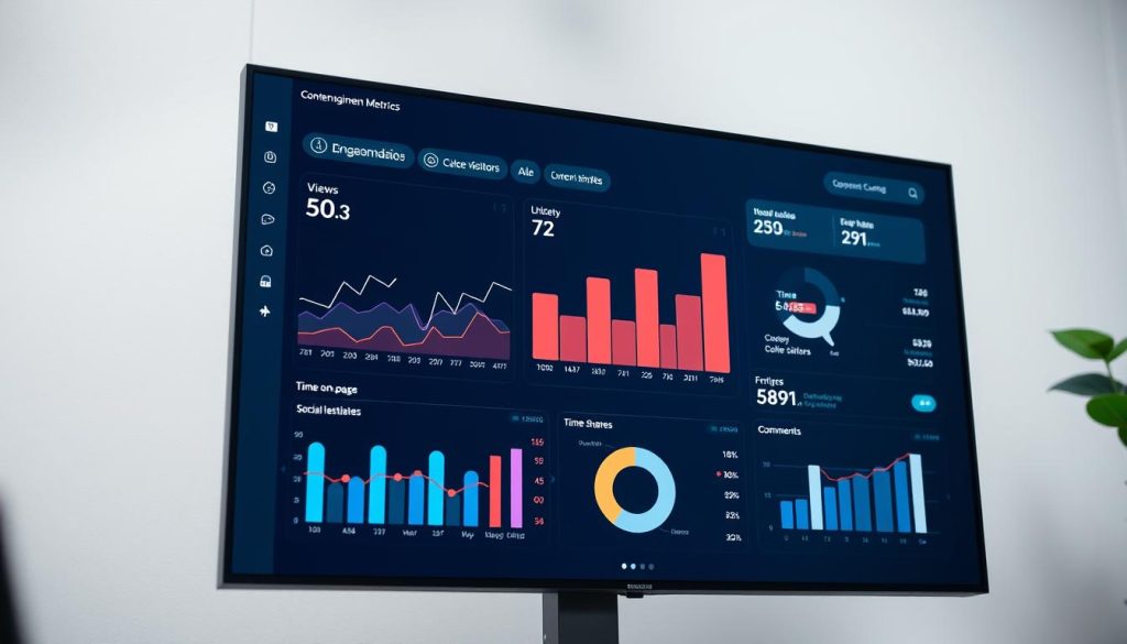 A modern, minimalist data visualization dashboard displaying an array of interactive content engagement metrics on a high-resolution, anti-glare screen. The dashboard features a clean and uncluttered layout with clearly labeled, color-coded data visualizations such as line graphs, bar charts, and pie charts. The metrics shown include views, unique visitors, time on page, bounce rate, social shares, and comments. The lighting is soft and diffused, creating a professional, business-like atmosphere. The angle is a slightly elevated, three-quarter view, allowing the viewer to appreciate the depth and detail of the dashboard. The overall mood is one of analytical insight and data-driven decision making.