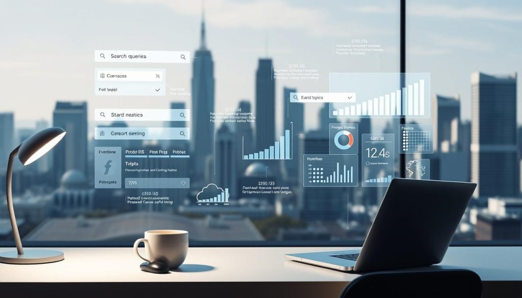 A modern, minimalist design of keyword research tools and data visualizations. In the foreground, a clean desktop with a laptop, mouse, and a cup of coffee. Hovering above are holographic representations of search queries, keyword metrics, and related topics, all in a calming blue and white color palette. In the background, a cityscape of skyscrapers and a clear sky, conveying a sense of progress and innovation. Soft, directional lighting illuminates the scene, creating depth and a professional, focused atmosphere.