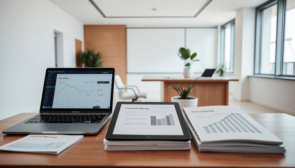 A modern, minimalist financial advisory office with clean lines and neutral tones. In the foreground, various types of content are displayed: a laptop open to a client dashboard, a tablet with a financial planning document, and a stack of informational brochures. The middle ground features a sleek wooden desk with a potted plant and a tablet displaying a market analysis graph. In the background, floor-to-ceiling windows allow natural light to flood the space, creating a warm and inviting atmosphere. The overall mood is one of professionalism, trust, and financial expertise.