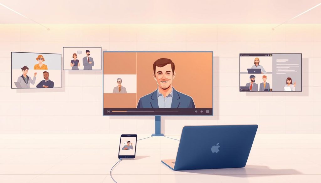 A modern, minimalist illustration depicting various webinar formats. A large, center-stage video display in the foreground, showcasing a speaker with a professional, confident expression. Surrounding the video feed, a grid of smaller screens depicting different webinar styles - panel discussions, Q&A sessions, product demos. The middle ground features a laptop, tablet, and smartphone, emphasizing the cross-device nature of webinars. The background is a clean, white workspace with subtle grid patterns, conveying a sense of organization and structure. Warm, directional lighting creates depth and highlights the key elements. The overall mood is sleek, informative, and visually compelling.