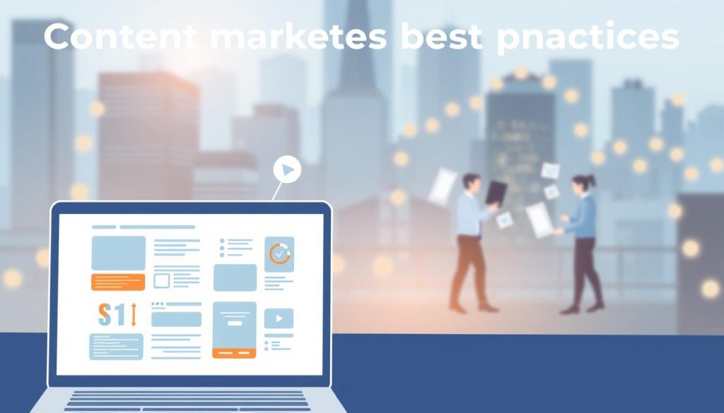 A modern, minimalist illustration of "content marketing best practices" with a clean, professional aesthetic. In the foreground, a stylized laptop or tablet screen displays a variety of content assets like infographics, blog posts, and social media graphics. The middle ground features a team of digital marketers collaborating, with subtle icons representing key content tactics like SEO, email, and influencer outreach. The background is a softly blurred cityscape, conveying a sense of a thriving, digital-first business environment. The lighting is soft and warm, creating a pleasant, inviting mood. The perspective is slightly elevated, giving an overview of the scene. The color palette is muted yet vibrant, using a harmonious blend of blues, grays, and accents of orange or yellow.
