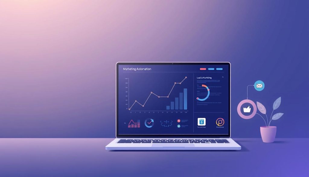 A modern, minimalist illustration of marketing automation tools. The foreground depicts a sleek, intuitive software dashboard with various icons representing analytics, email marketing, lead nurturing, and campaign management functionalities. The middle ground showcases a stylized graph or chart visualizing data-driven insights. The background features a subtle gradient or textured pattern in muted, professional colors, evoking a sense of technological sophistication. Soft, directional lighting creates depth and highlights the key elements. The overall composition conveys the efficiency, intelligence, and seamless integration of marketing automation in driving sustainable business growth.