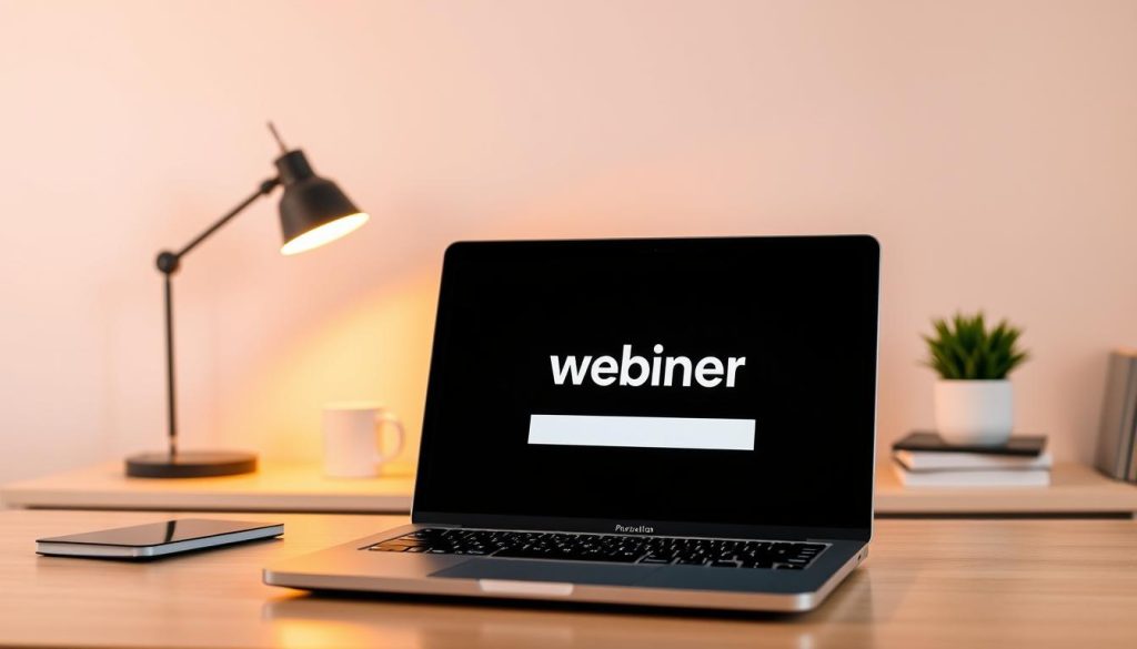 A modern, minimalist webinar setup with a clean, professional aesthetic. In the foreground, a laptop displaying a webinar presentation slide, the screen glowing softly. Behind it, a sleek desk with a minimalist lamp and a few essential office supplies. The background features a simple, neutral-toned wall, creating a calm and focused atmosphere. Warm, natural lighting illuminates the scene, conveying a sense of efficiency and cost-effectiveness. The overall composition emphasizes the webinar's role as a powerful, yet affordable marketing tool.